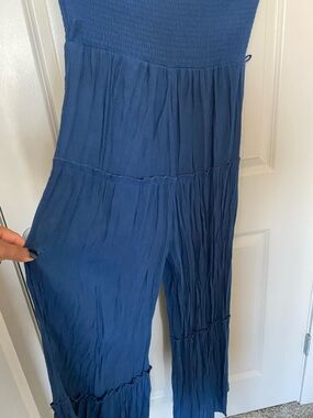 Love Tree Crinkled Smocked Bodice Wide-Leg Jumpsuit in Blue